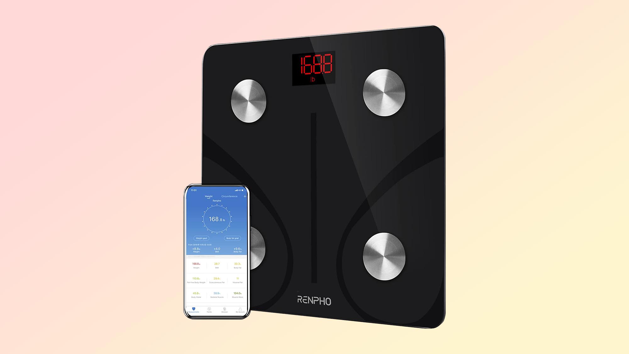 A photo of the Renpho body fat scale and phone with app