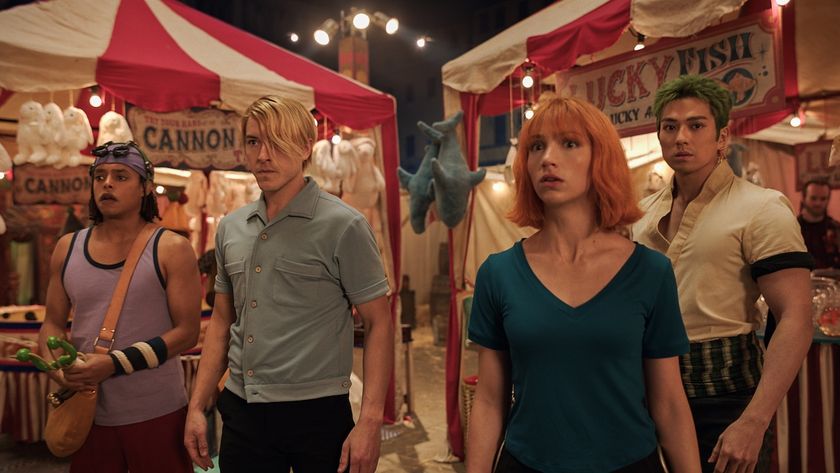 Usopp, Sanji, Nami and Zoro standing inside of carnival in One Piece Season 2