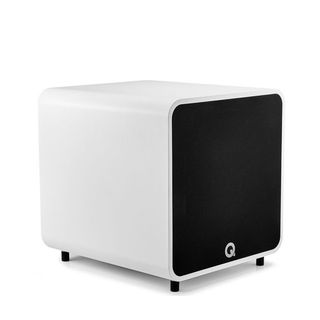 A white Q Acoustics QB12 subwoofer on a white background