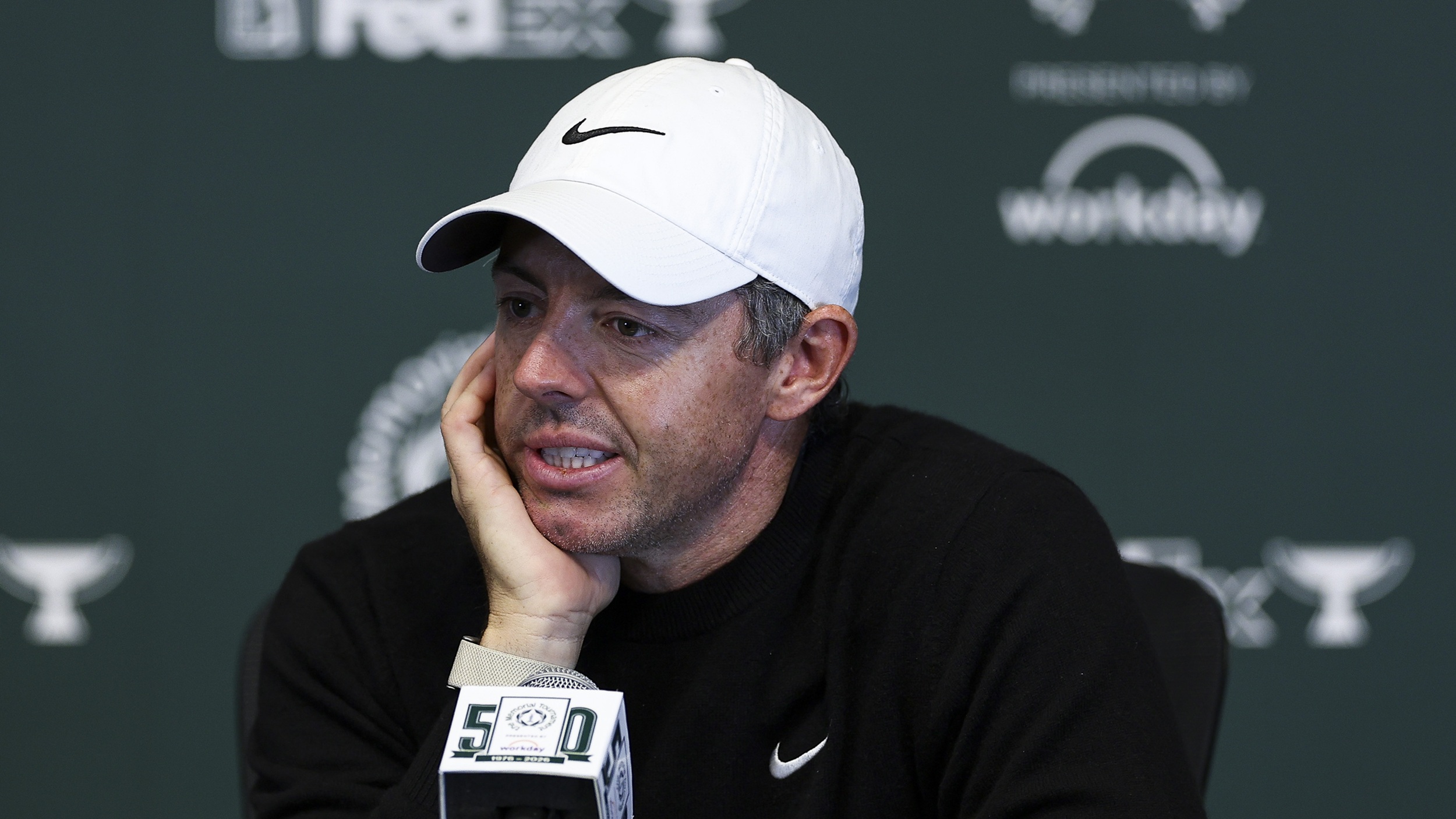 Rory McIlroy speaking to the media at a press conference at Muirfield Village ahead of the 2026 Memorial Tournament on the PGA Tour