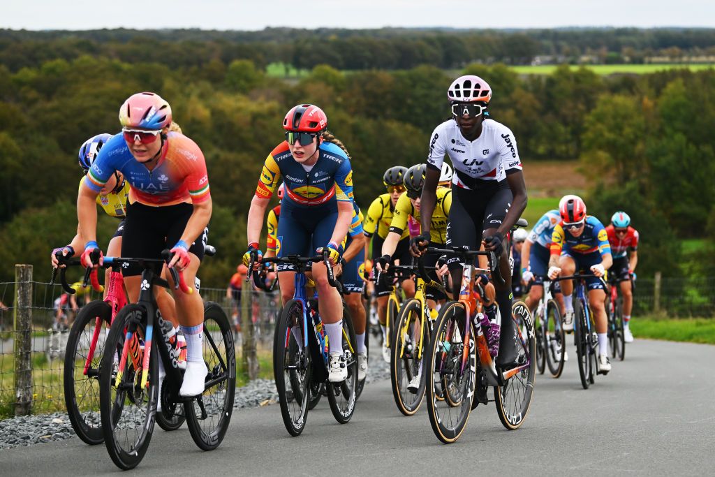 ASSEN NETHERLANDS OCTOBER 09 LR Elynor Backstedt of The United Kingdom and Team Lidl Trek and Teniel Campbell of Trinidad y Tobago and Team Liv AlUla Jayco compete during the 26th Simac Ladies Tour 2024 Stage 2 a 1548km stage from Coevorden to Assen on October 09 2024 in Assen Netherlands Photo by Luc ClaessenGetty Images