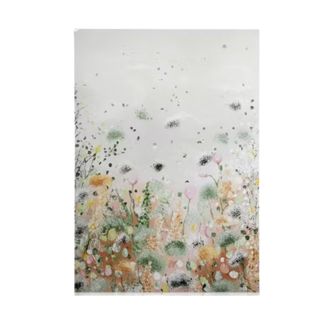 A wall art print with a gray background and colorful flowers and grass painted onto it