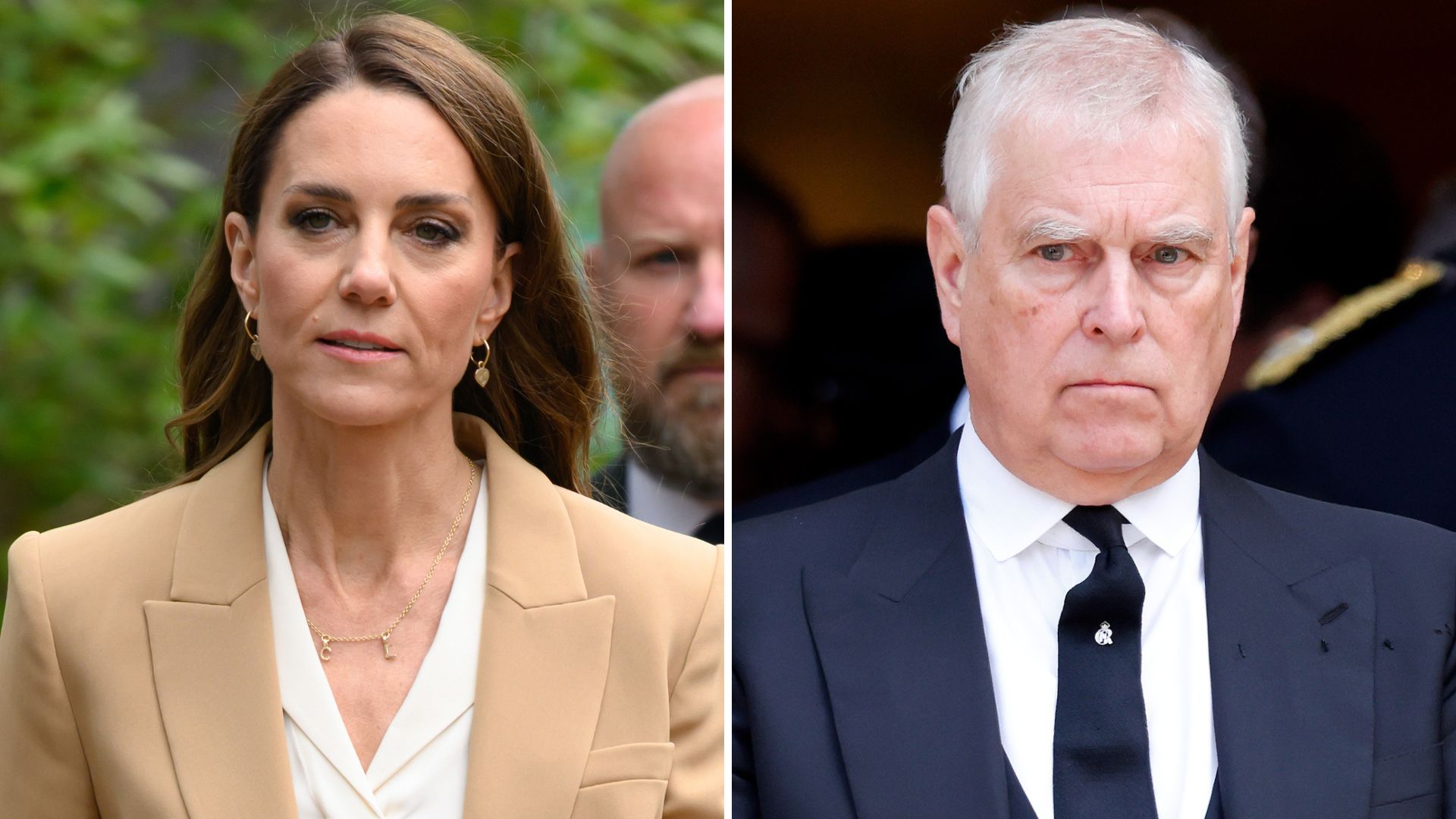A composite of a picture of Kate Middleton in 2026 and a picture of Andrew Mountbatten-Windsor in 2025