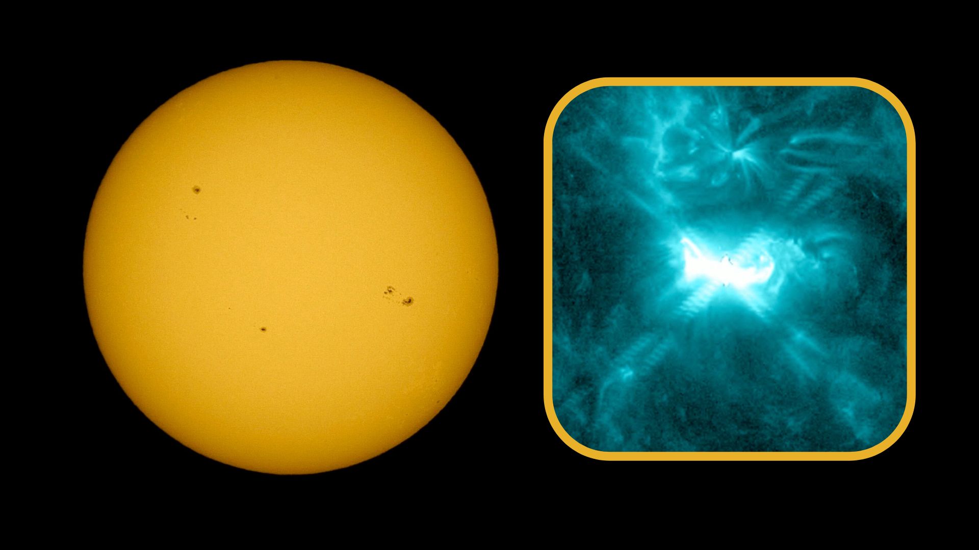 view of the sun on the left with multiple dark patches visible on the surface, these are sunspots on the right is an inset image showing one of the m flares close up. 
