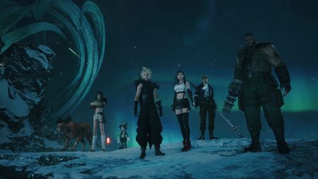 Cloud, Tifa, Barret, Cid, Yuffie, Red XIII, and Cait Sith in Final Fantasy 7: Revelation