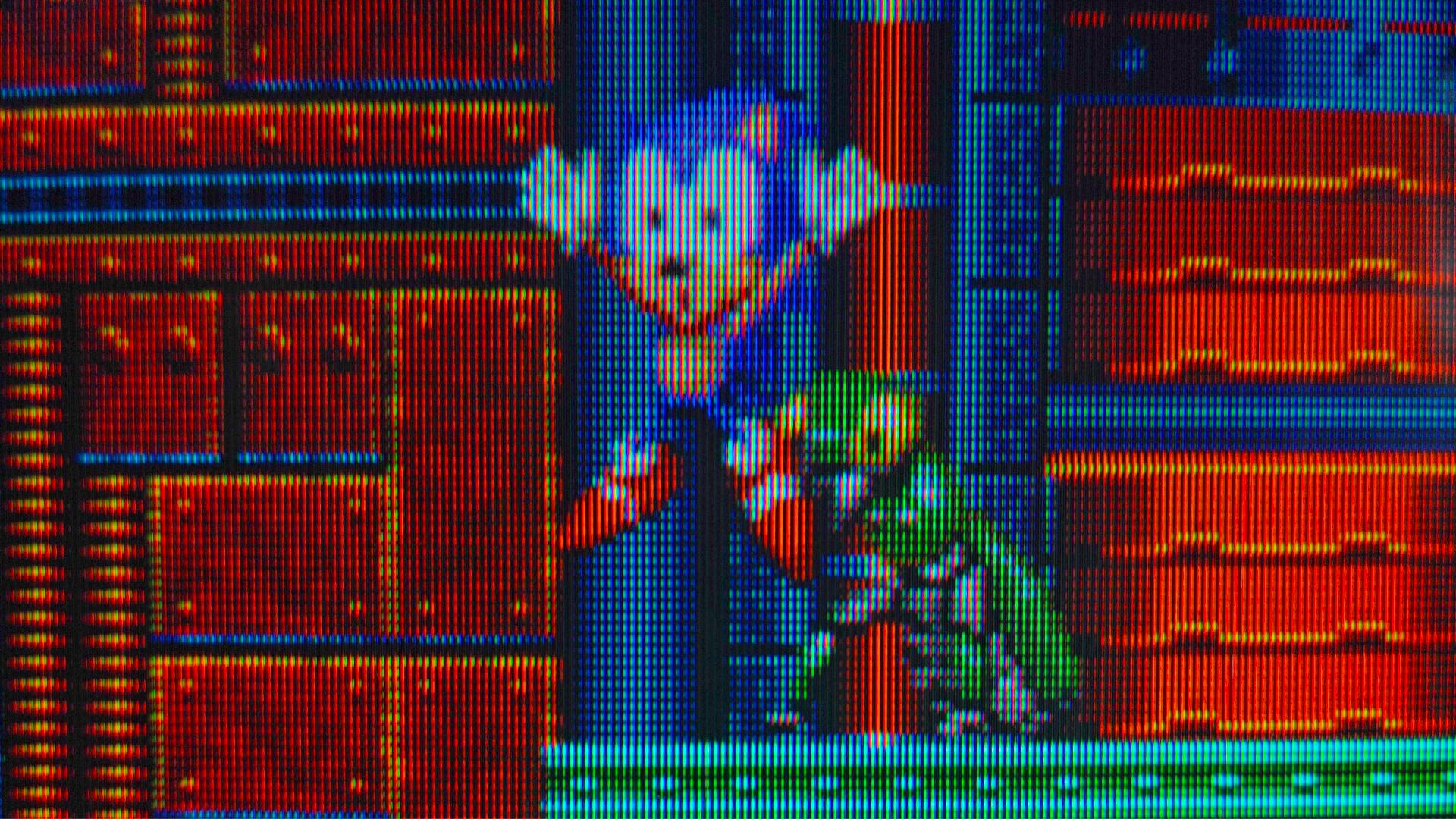 Close up of Soonic the Hedgehog 2 gameplay on CRT TV with Sonic death animation active.