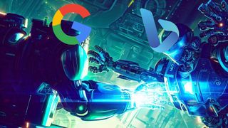 Robots battle to the death, with Google and Bing logos