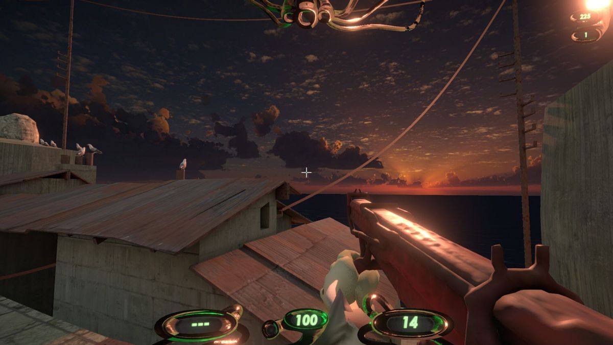 Screenshot from Straftat showing a sunset town from a first-person view.