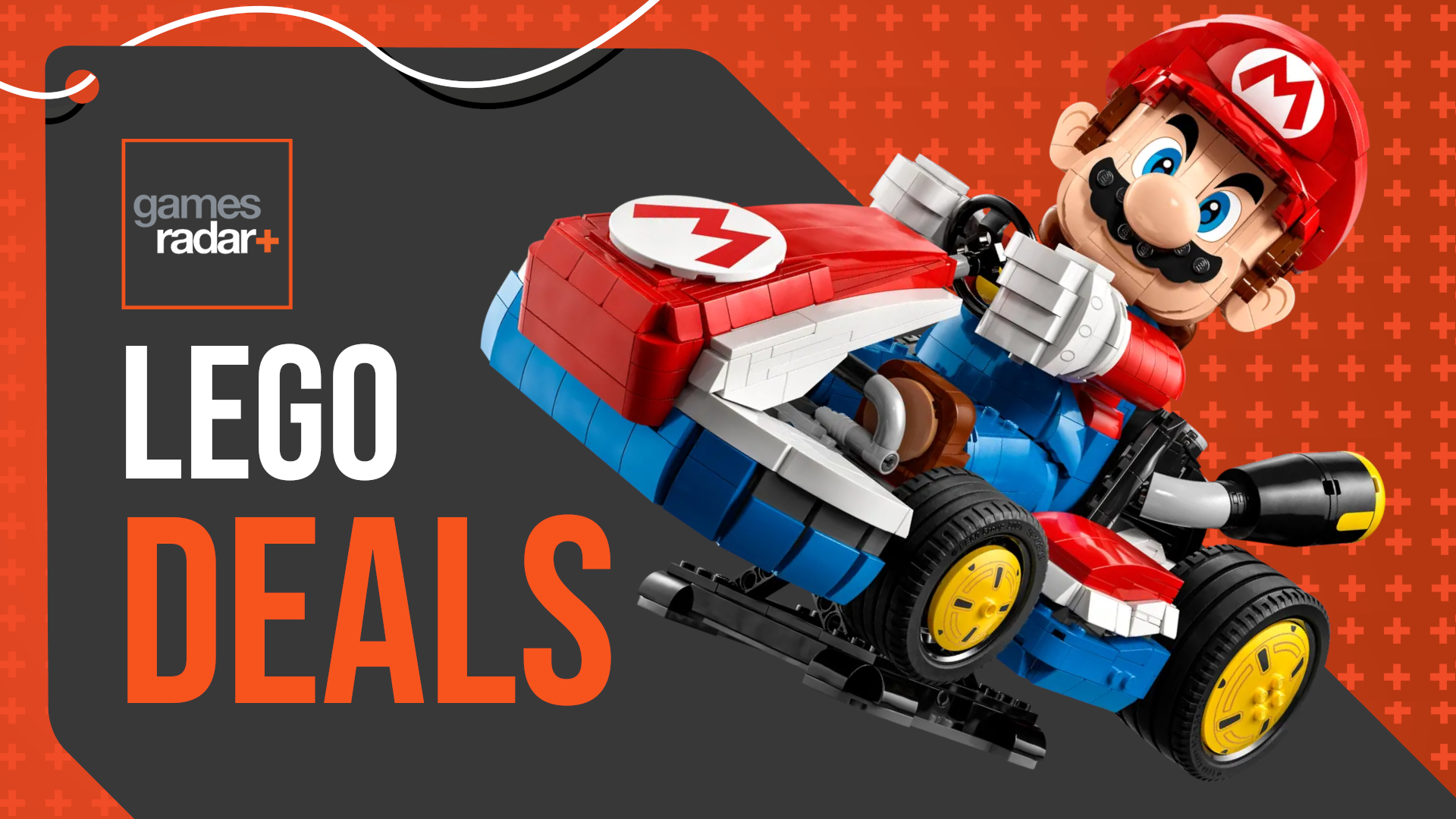 Lego Mario &amp; Standard Kart on an orange and gray background with the GamesRadar+ logo and &#039;Lego deals&#039; written to one side