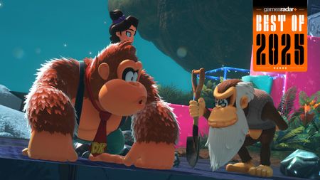 Donkey Kong, Cranky Kong, and Pauline stand together in a Donkey Kong Bananza screenshot badged with GamesRadar+'s best of 2025 branding