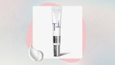 an image of Trinny London miracle blur diffuser eye cream on a holographic backdrop with a swatch of cream