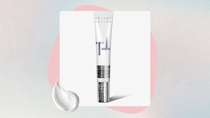 an image of Trinny London miracle blur diffuser eye cream on a holographic backdrop with a swatch of cream