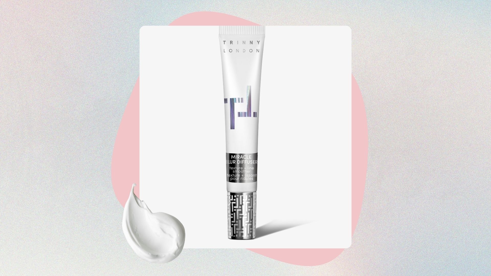 an image of Trinny London miracle blur diffuser eye cream on a holographic backdrop with a swatch of cream