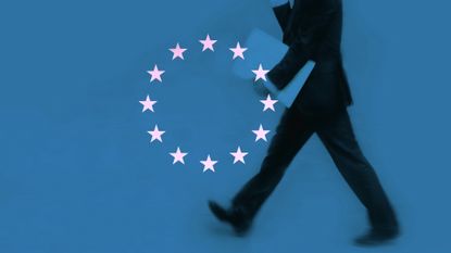 European stocks illustration - businessman overlaid with EU stars on a blue background