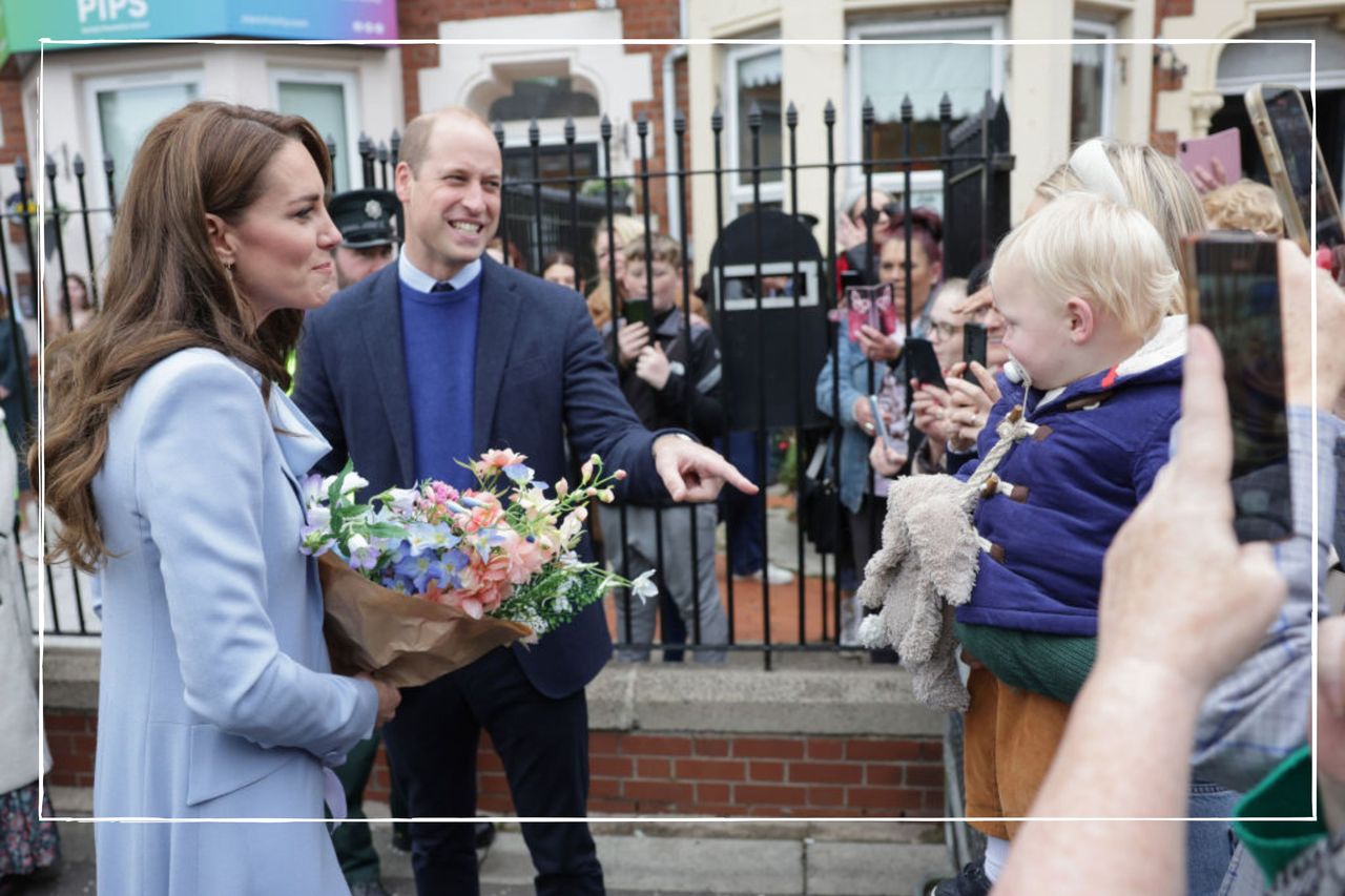 An image of the Prince and Princess of Wales meeting a well-wisher and his Jellycat cuddly bunny