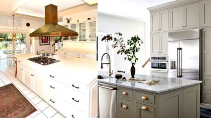 A before and after pic of a kitchen