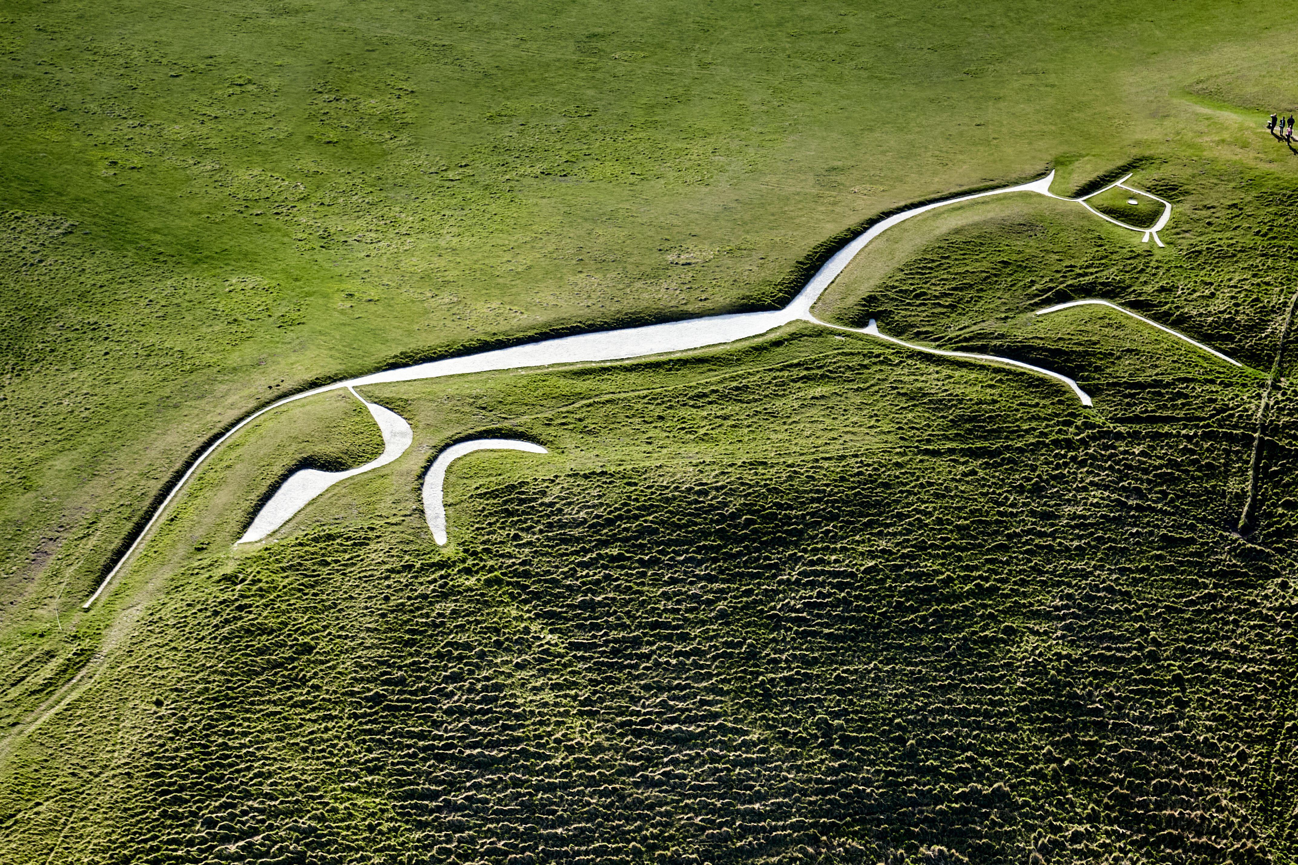 An aerial view of the Uffington White Horse, an ancient chalk hill figure in the English countryside.