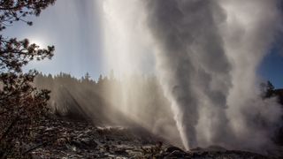 Yellowstone's Steamboat Geyser blows steam during a 2019 eruption.