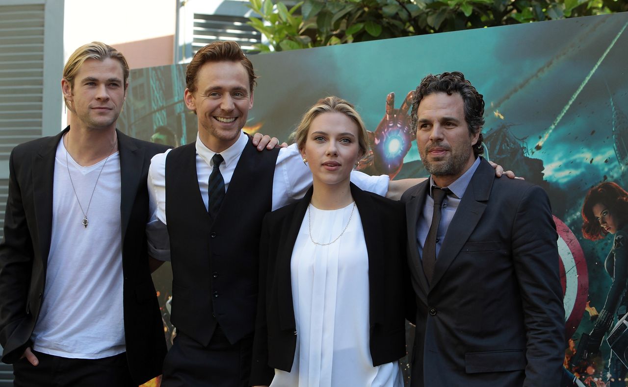 Cast of &amp;quot;The Avengers&amp;quot;: Chris Hemsworth, Tom Hiddlestone, Scarlett Johansson and Mark Ruffalo.