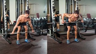 A man performing a bent-over row as part of a workout plan for muscle gain