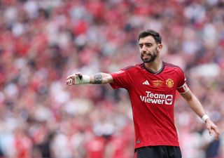 Manchester United captain Bruno Fernandes gestures during the 2024 FA Cup final against Manchester City at Wembley