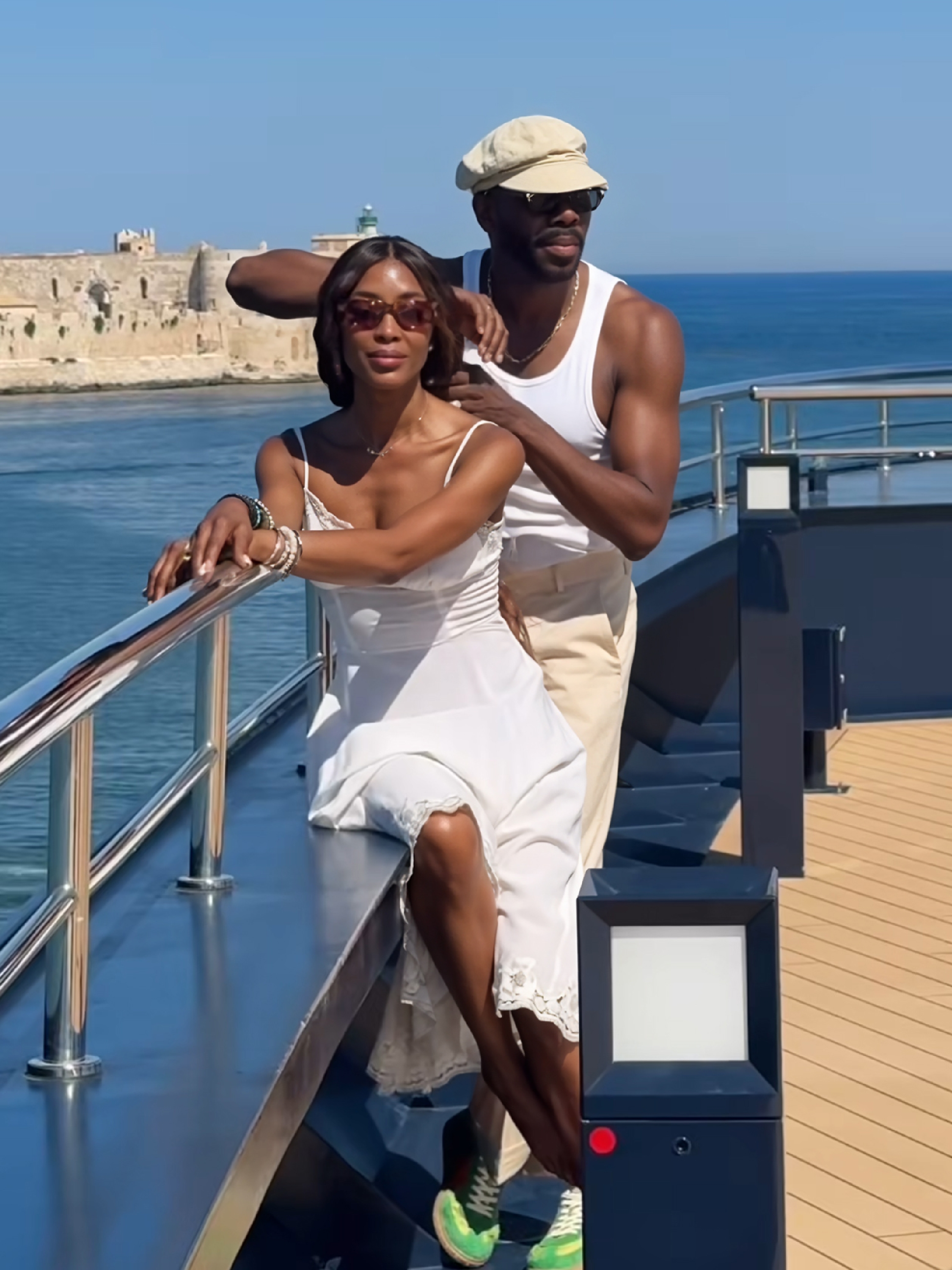 SICILY, ITALY - JUNE 30: Naomi Campbell and Colman Domingo are seen on the Ritz-Carlton Yacht on June 30, 2025 in Sicily, Italy.