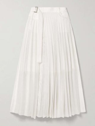 Belted Denim-Trimmed Pleated Satin Midi Wrap Skirt