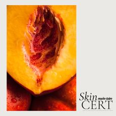 A close-up picture of the centre of a peach, next to text that reads SkinCERT