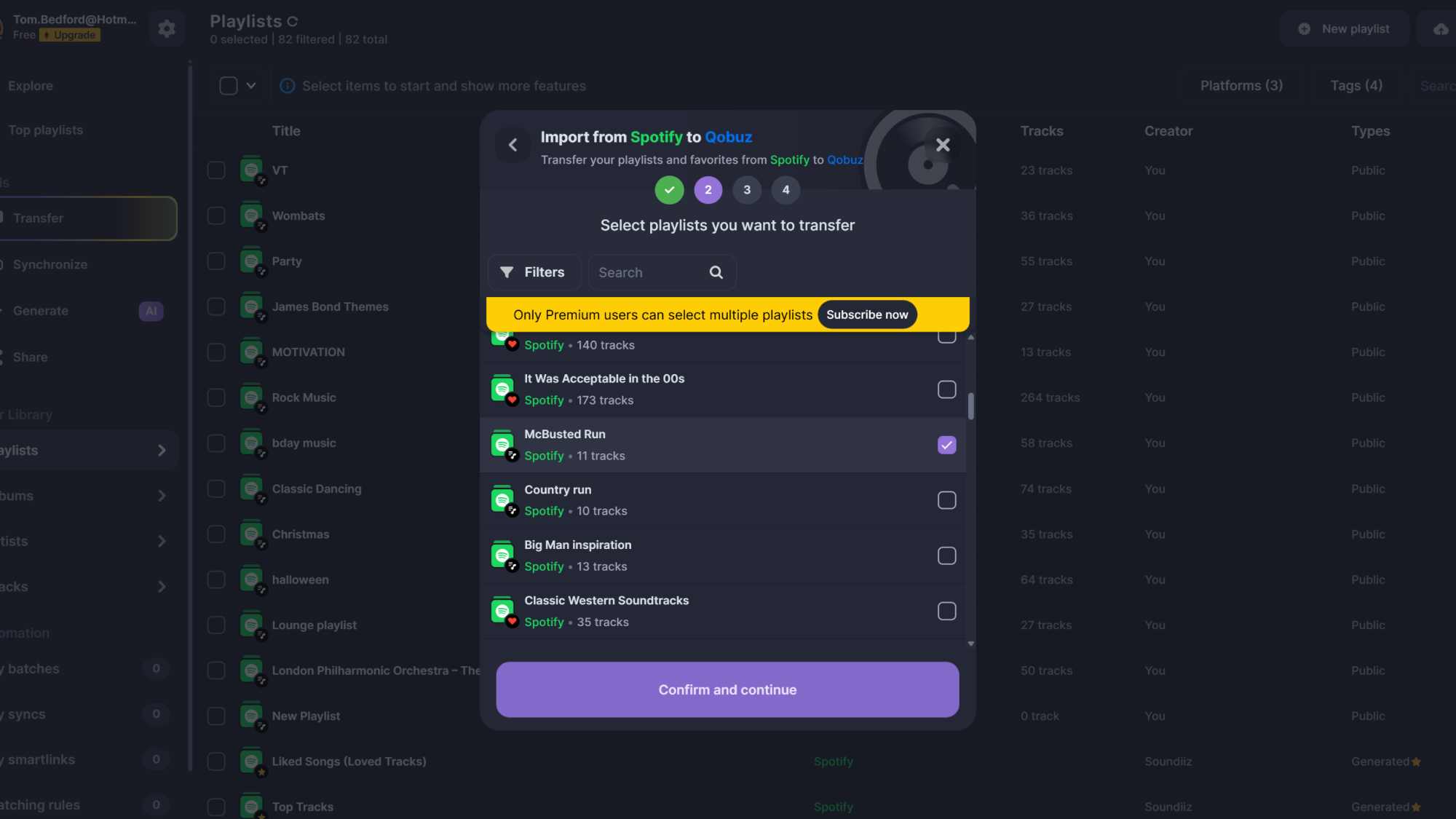 A menu on Soundiiz, converting a Spotify playlist to a Qobuz playlist.