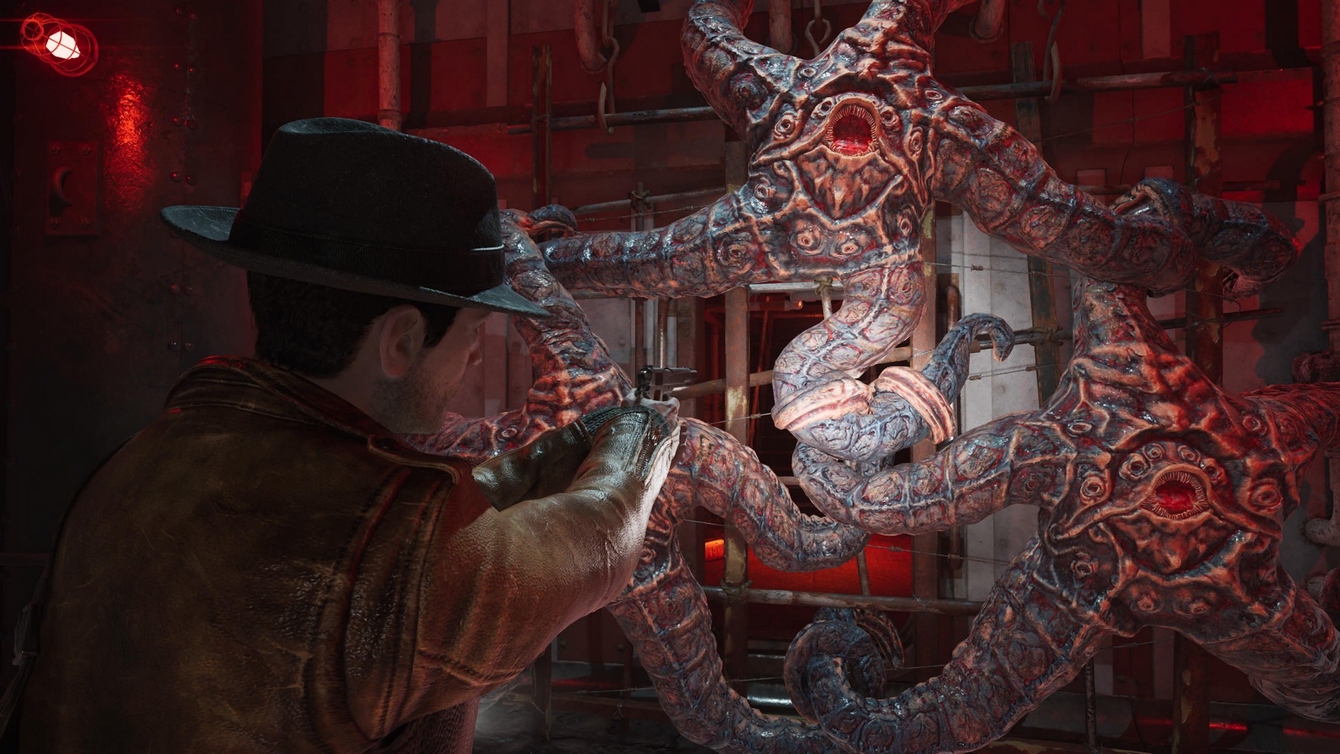 Calvin aims his gun at strange starfish monsters in The Sinking City 2