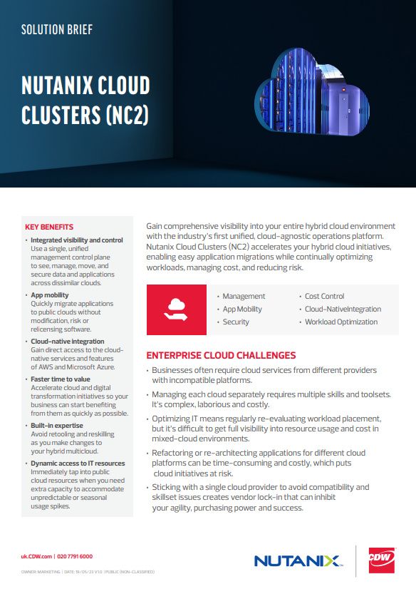 A solution brief from Nutanix covering how to gain comprehensive visibility into your entire hybrid cloud environment with digital image of a cloud