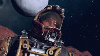 Starfield — a close-up screenshot of a helmeted spacefarer, with a moon visible in the starscape behind