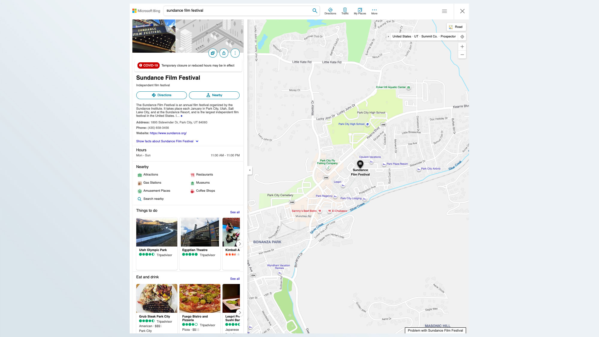 Результат Bing Maps для кинофестиваля Sundance.