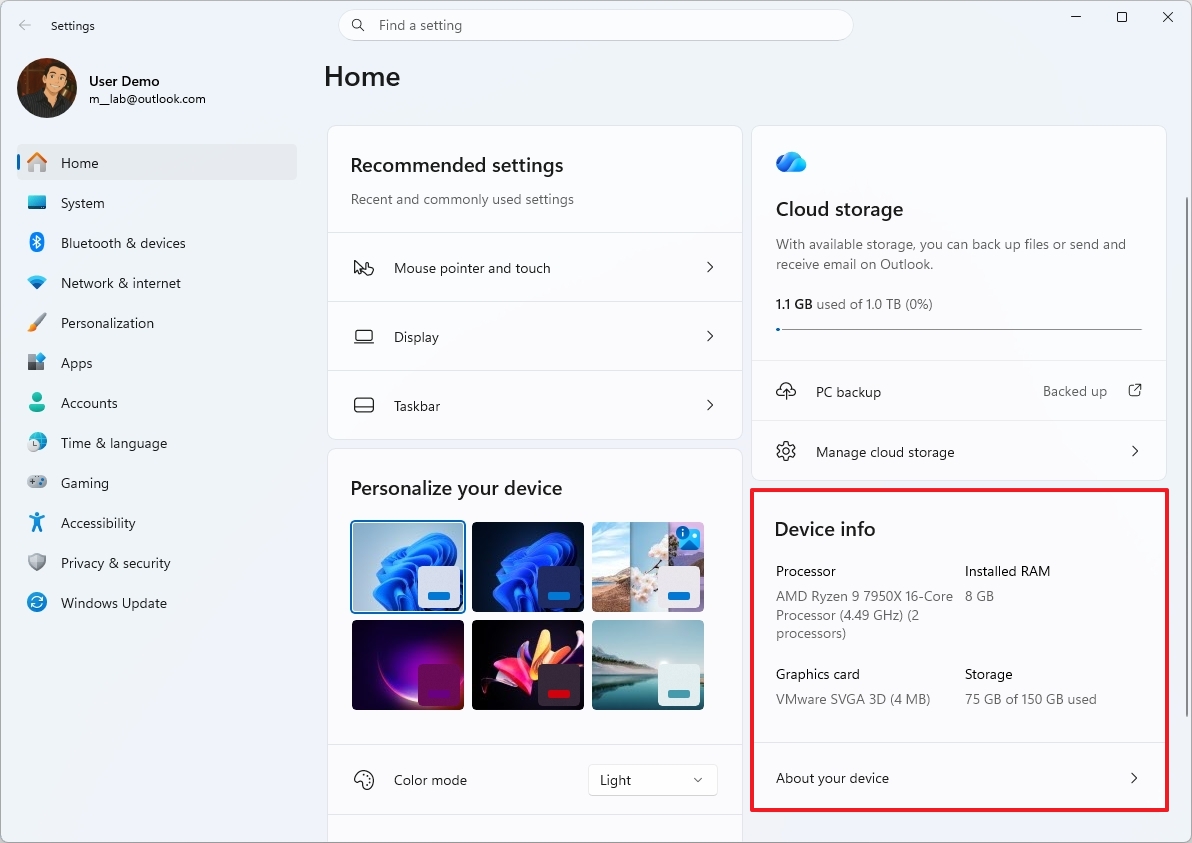 Settings Home Device info card