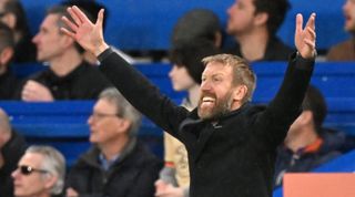 Graham Potter, head coach of Chelsea, gesticulates during the Premier League match between Chelsea and Southampton at Stamford Bridge on 18 February, 2023 in London, United Kingdom.