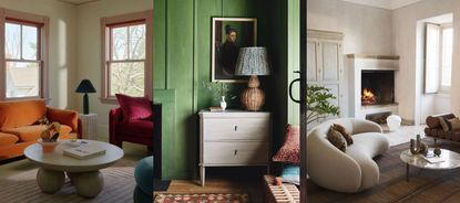 Three examples of fall color schemes. Colorful living room, green corner of room, neutral living room.