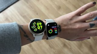 Writer Sam wearing Garmin Vivoactive 5 and Apple Watch Series 7 watch 