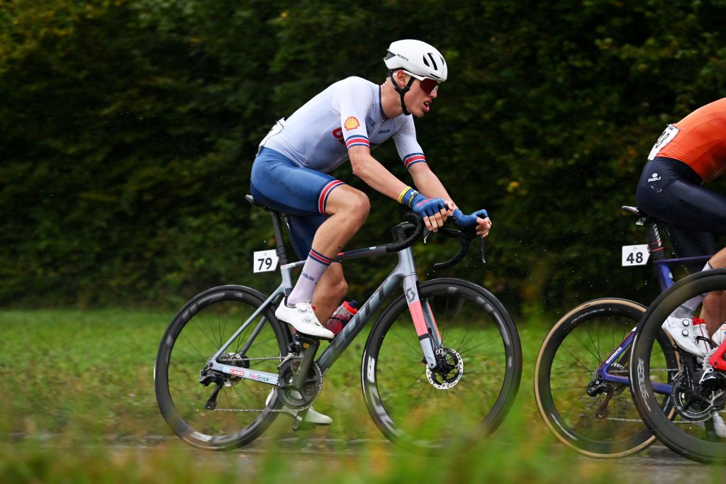 ZURICH SWITZERLAND SEPTEMBER 26 Sebastian Grindley of Team Great Britain competes in the chase group during the 97th UCI Cycling World Championships Zurich 2024 Mens Junior Road Race a 1272km one day race from Uster to Zurich on September 26 2024 in Zurich Switzerland Photo by Dario BelingheriGetty Images