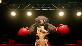 Screenshot from felt that boxing showing a puppet squaring up to a bigger puppet
