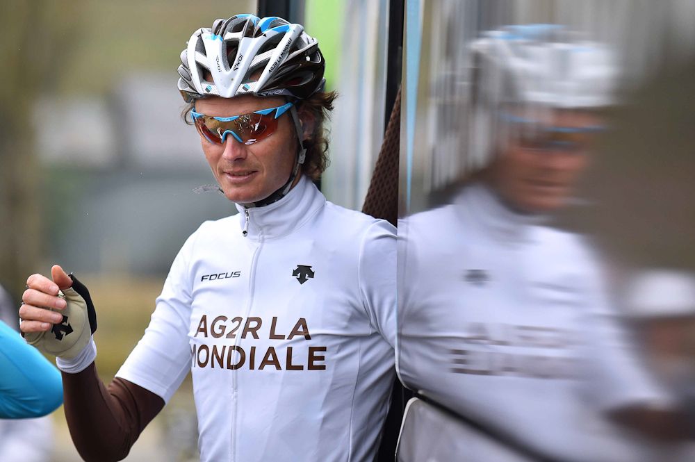 Ag2r's Johan Vansummeren exits the team bus.