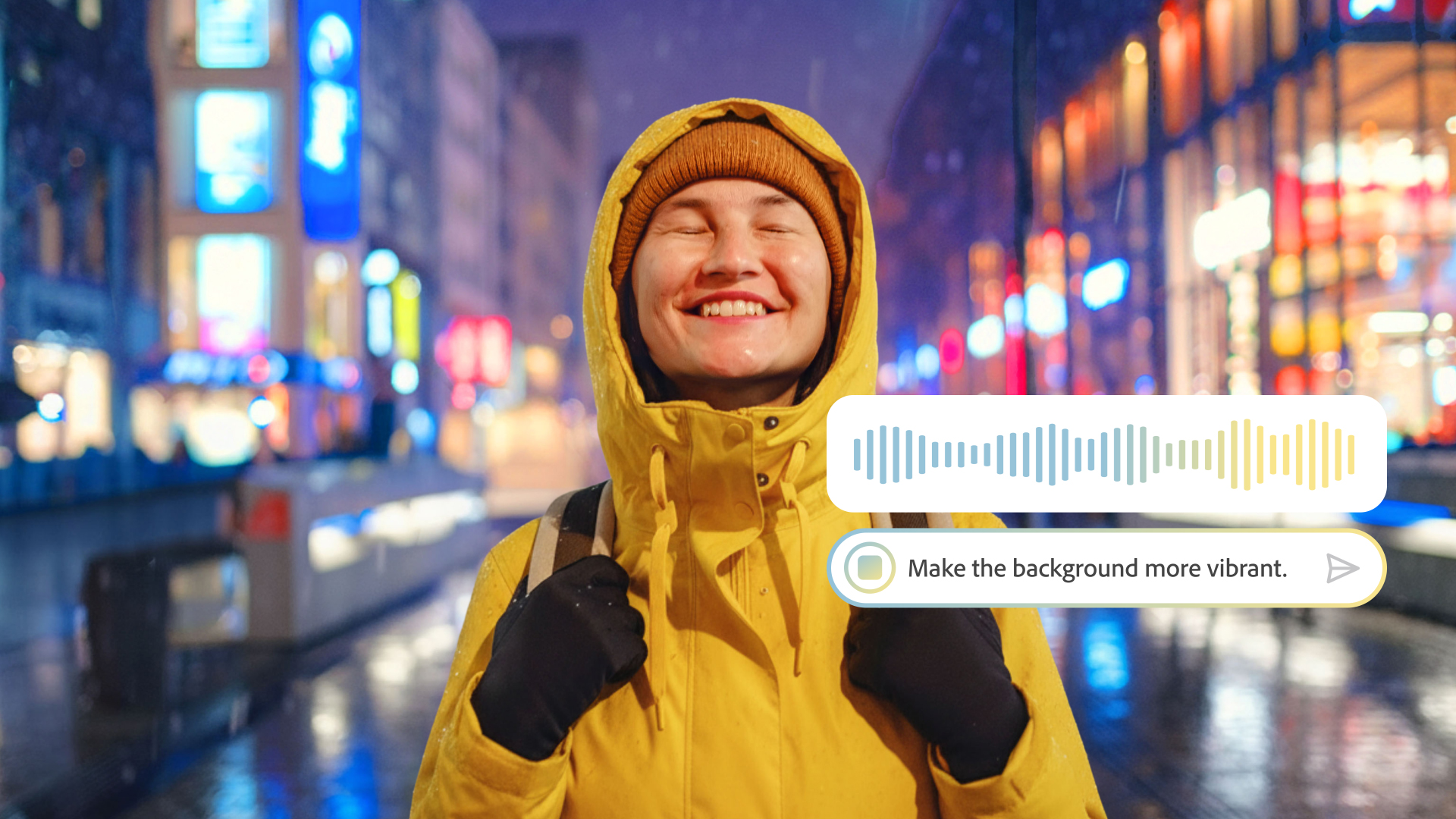 Person in yellow coat in front of brightly lit-up city with inset image of Adobe's AI Assistant voice prompt feature 