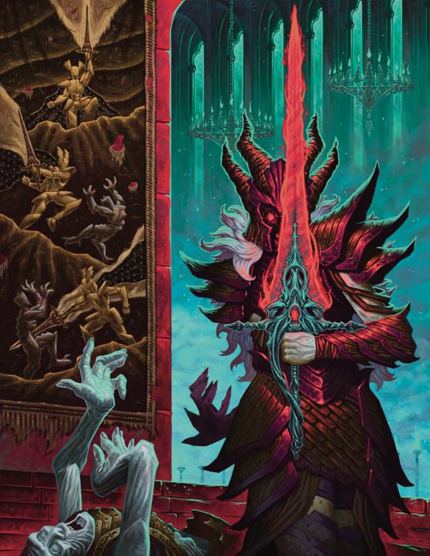 A red-armored knight holding a glowing sword in front of a tapestry and mutilated corpse