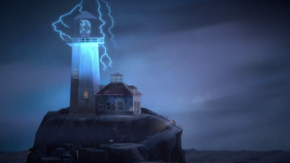 oxenfree 2: a house with a lighthouse sits on a rock at sea, the lighthouse is conducting electricity