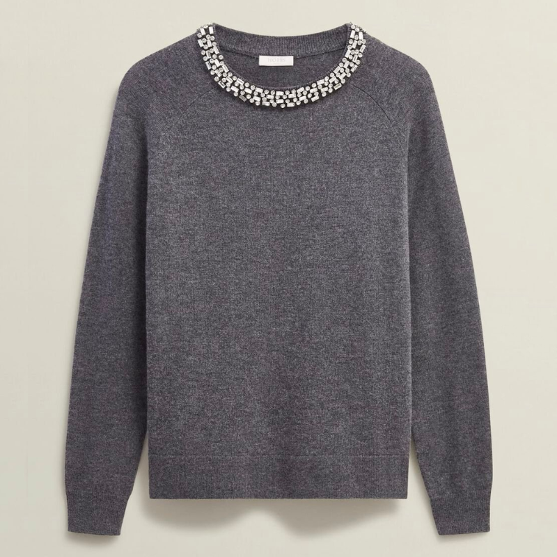 grey jumper with embellished neckline