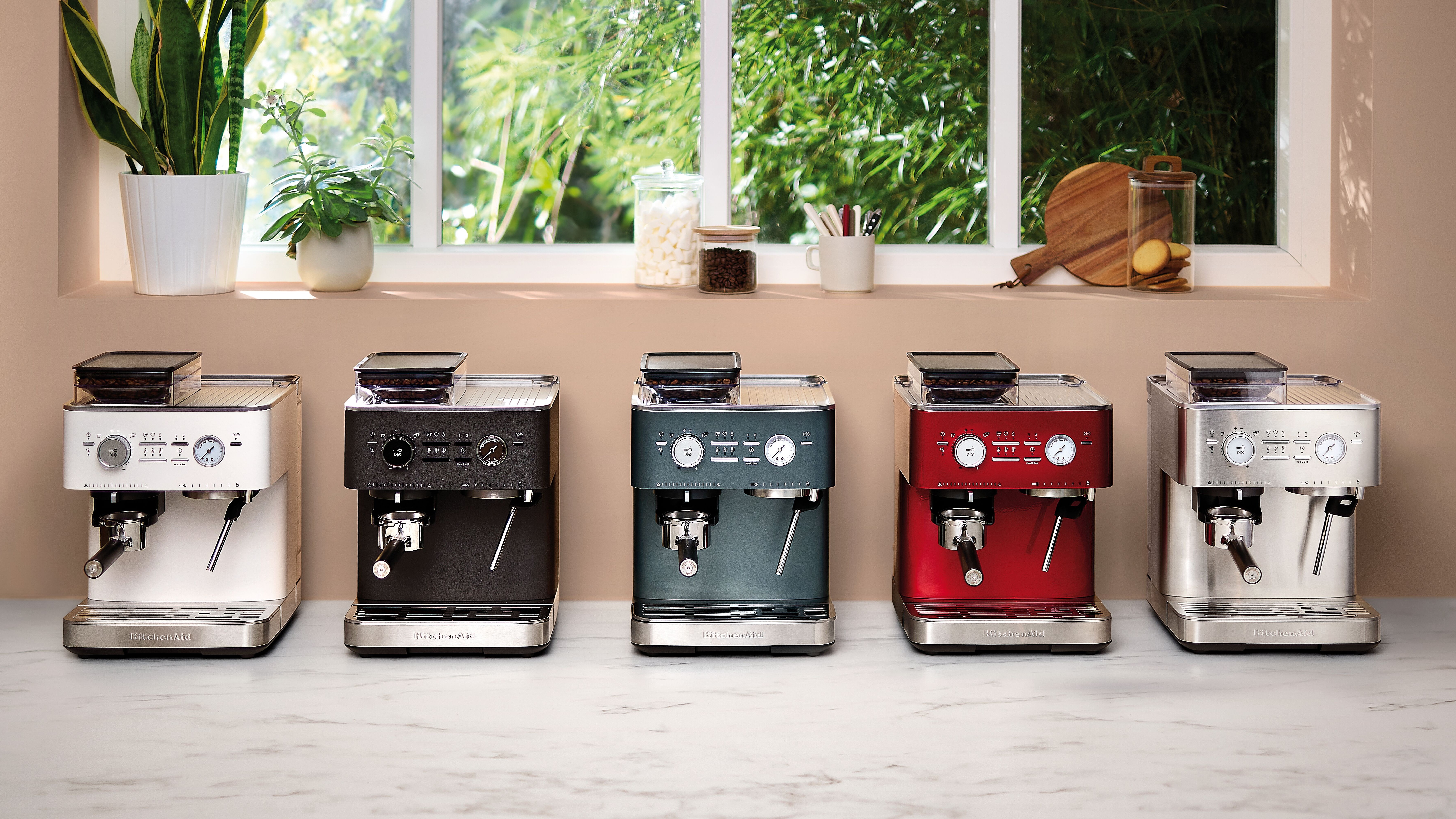 KitchenAid Semi Automatic Espresso Machine in five colors on kitchen counter