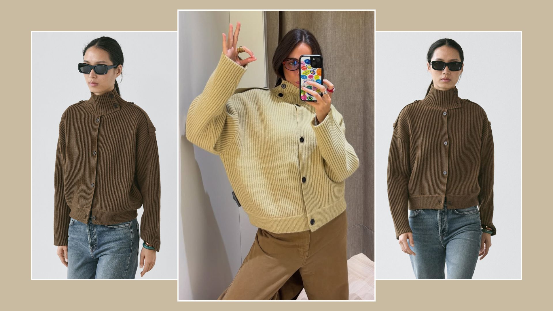 Models and woman wears massimo dutti funnel neck cardigan