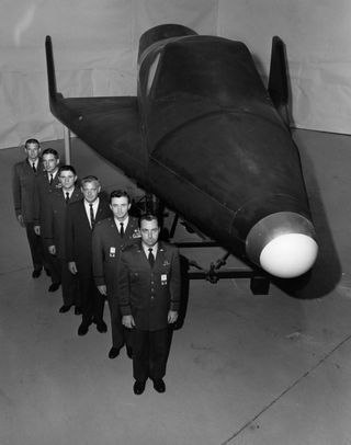 The six X-20 Dyna-Soar pilot-astronauts in Las Vegas in 1962. Al Crews is the last in line, farthest from the camera. Until the release of this photograph, the identities of the U.S. Air Force and NASA pilot/astronauts had been kept classified due to the military nature of their mission.