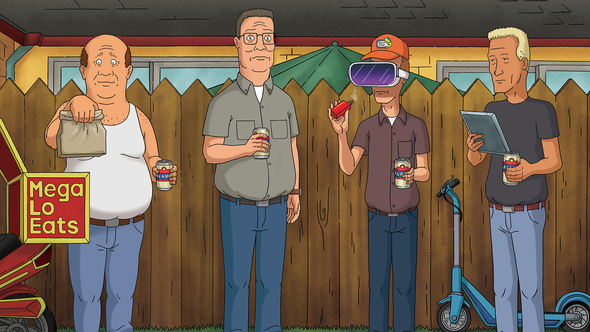 An older Bill, Hank, Dale, and Boomhauer lined up against Hank&#039;s fence, with modern technology all around 