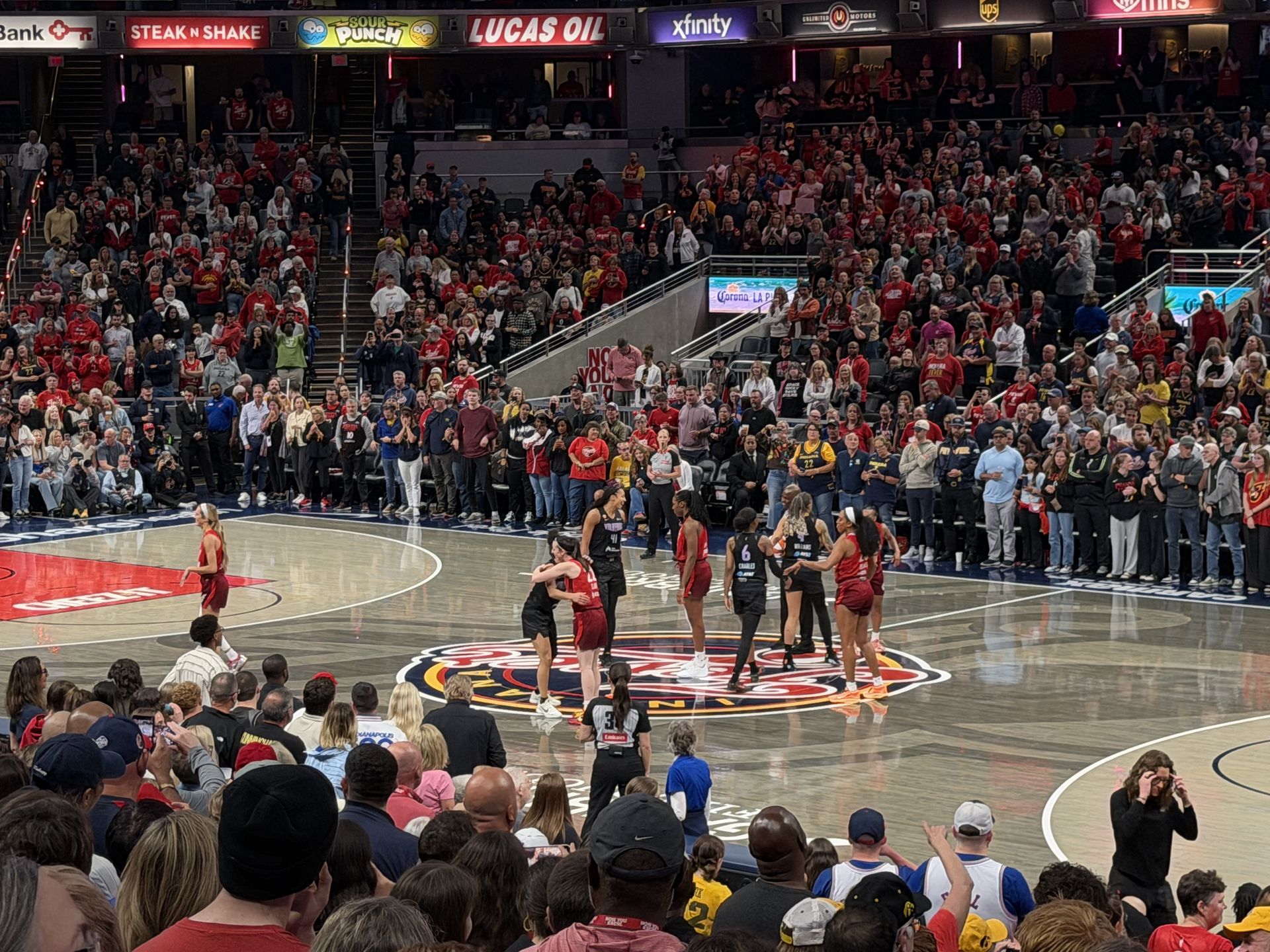 A photo of tip-off at the Indiana Fever game.
