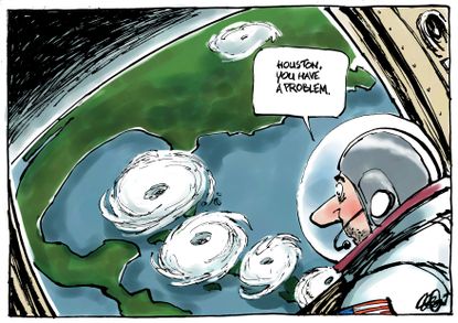 Political cartoon U.S. Irma hurricanes climate change NASA